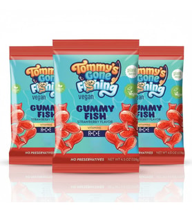 Tommy’s Gone Fishing Bitki Bazlı Çilekli Gummy Fish – Sağlıklı ve Lezzetli Vegan Atıştırmalık 128 g (3 ADET)