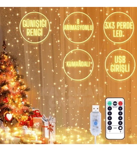 Usb Girişli RGB Şerit LED 8 Çeşit Animasyonlu Kumandalı Dekoratif Aydınlatma- 3X3 Metre Günışığı Perde - TV Arkası, Tavan Ve Oda LED Işık