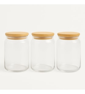 3'lü Set Bambu Kapaklı Orta Boy Vakumlu Cam Baharat Takımı - 3 x 700 ML.