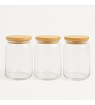 3'lü Set Bambu Kapaklı Orta Boy Vakumlu Cam Baharat Takımı - 3 x 700 ML. (Beyaz)