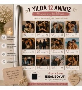 12'li Kare Fotoğraf Magneti Sevgiliye 12 Ay Anıları Kişiselleştirilebilir Hediye Seti