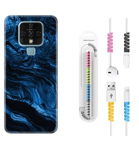 Tecno Camon 16 18P Pova 3 Pova Neo Kılıf Kablo Koruma Spiral Silikon Blue MArble 1379