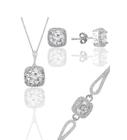 Gümüş rodyumlu zirkon taşlı kare kolye küpe ve bileklikten oluşan üçlü set SGTL11578BEYAZ