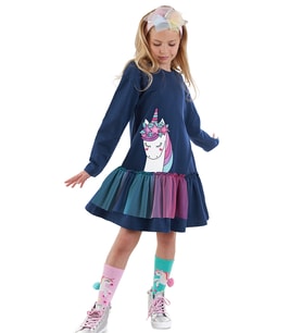 Tüllü Unicorn Kız Çocuk Lacivert Elbise