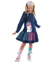 Tüllü Unicorn Kız Çocuk Lacivert Elbise