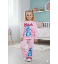 Cg Kids Stitch İspanyol Paça Baskı Detay 2 İplik Kız Çocuk Alt Üst Eşofman Takım Süper Kalite (Pembe)