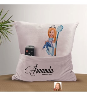 BK Gift Kişiye Özel Diş Hekimi Karikatür Tasarımlı Organizer Kumanda ve Atıştırmalık Cepli Pembe Kırlent Yastık-2 Arkadaşa Hediye, Cepli Yastık