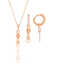 Gümüş rose zirkon taşlı fermuar kolye ve küpe ikili set SGTL11878ROSE