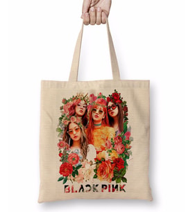 Çiçekler Arasında Blackpink Kpop Bez Çanta Uzun Saplı