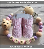 Sahi Aksesuar İsimli Bebek Emzik Zinciri ve Kız Bebek Pembe Patik Seti