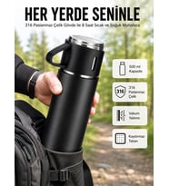 Termos Seti 3'lü Bardak Seti Isı Dayanıklı Siyah Paslanmaz Çelik Vakumlu