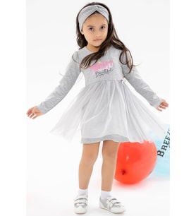 Breeze Kız Çocuk Uzun Kollu Elbise Baskılı Tüllü 1.5-5 Yaş, Gri Melanj