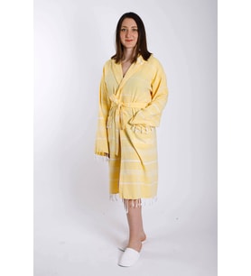 Kapüşonlu Kadın / Erkek Peştemal Bornoz Soft %100 Pamuklu Natural (Sarı)