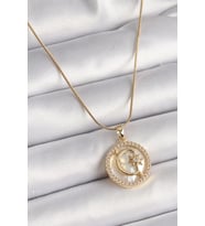 316L Çelik Gold Renk Zincir Zirkon Taş Detaylı Beyaz Sedefli Ay Yıldız Model Kadın Kolye (Altın)