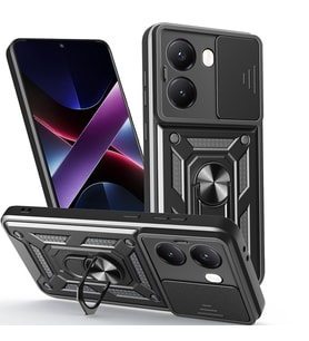 Xiaomi Poco X7 Pro Kılıf Yüzüklü Manyetik Standlı Kamera Sürgülü Armor Zırh (Siyah)