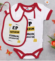 BK Kids Ep İsterim Tasarımlı Kırmızı Bebek Body Zıbın ve Mama Önlüğü Hediye Seti-1