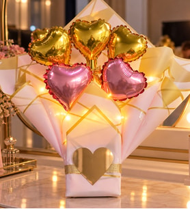 Kalp Balonlu LED Işıklı Pembe Gold Aynalı Balon Buketi – Sevgiliye Arkadaşa Kıza Çiçek Balon Buketi