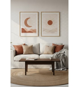 Güneş ve Ay 2’li Minimalist Ahşap Çerçeveli Tablo Seti - Modern Duvar Dekoru