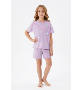 Kız Çocuk %100 Pamuk-Baskılı Ve Şortlu Pijama Takımı 3-13 Yaş 12722IS MODANINO