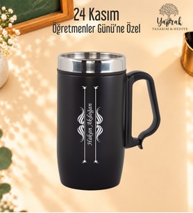 Öğretmenler Günü Hediyesi Kişiye Özel Harf Ve İsim Basklı Kulplu Çelik Siyah Termos Bardak 280 ml