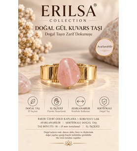 Sertifikalı Doğal Gül Kuvars Taşı Yüzük Gold Kaplama Bakır Kasa Ayarlanabilir El İşçiliği