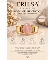 Sertifikalı Doğal Gül Kuvars Taşı Yüzük Gold Kaplama Bakır Kasa Ayarlanabilir El İşçiliği