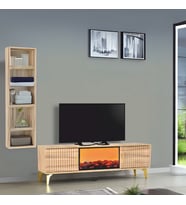 Rüya Dekoratif Şömineli TV Sehpası Atlantik Çam Gold Kulplu 2 Kapaklı Alev Efektli 150x50x36 Cm