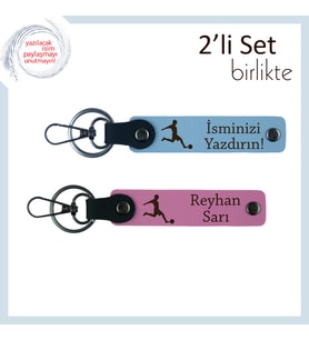 Futbol Figürlü KİŞİYE ÖZEL Anahtarlık Takımı, 2’li Deri Set, Gök Mavi-Pembe