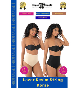 #Korse İz Yapmaz Göstermeyen Kaymaz Doku Toparlayıcı Sıkılaştıran Lazer Kesim String Korse 2'li Set (Siyah-Bej)