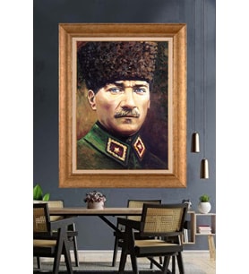 Altın Varaklı Çerçeveli Paspartulu Atatürk Tablo nh41 (Gold)