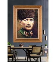 Altın Varaklı Çerçeveli Paspartulu Atatürk Tablo nh41 (Gold)