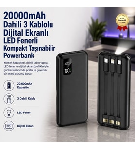 20000mAh Dahili 3 Kablolu Dijital Ekranlı LED Fenerli Kompakt Taşınabilir Powerbank Kamp Seyahat Şarj Cihazı
