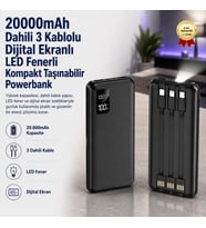 20000mAh Dahili 3 Kablolu Dijital Ekranlı LED Fenerli Kompakt Taşınabilir Powerbank Kamp Seyahat Şarj Cihazı