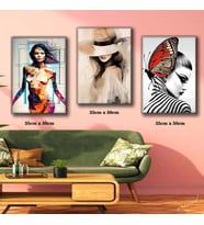 şapkalı kadın artist pozlu kadın tablosu 3 adet 35cmx50cm kumaş baskılı canvas tablo