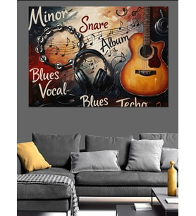 Müzik Notları Ve Klasik Gitar Dekoratif Kanvas - Mdf Ahşap Tablo