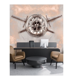 Dreamwall Vintage Kalkan Saat Desenli Isı Ve Ses Yalıtımlı Sağlıklı Tekstil Duvar Kağıdı (Eskitme Altın)