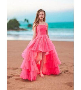 Kız Çocuk Tüllü Önü Kısa Arkası Uzun Kuyruklu Abiye Elbise (Neon Pembe)