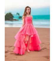 Kız Çocuk Tüllü Önü Kısa Arkası Uzun Kuyruklu Abiye Elbise (Neon Pembe)