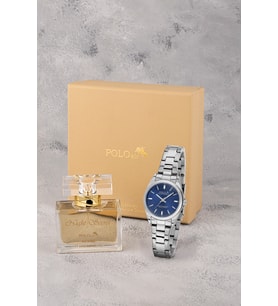 Polo Air Klasik Kadın Kol Saati Ve 55 ml Parfüm Hediyelik Kutusunda Set Gümüş Lacivert Renk ST-2197S3