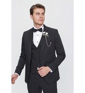 Siyah Armürlü Mono Yaka Astarlı Yelekli 6 Drop Slim Fit Smokin Damatlık 1001220201