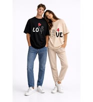 Sevgili Kombini Love Baskılı Çift Tişört Oversize Unisex Partner Kombin Seti (Siyah-Bej)