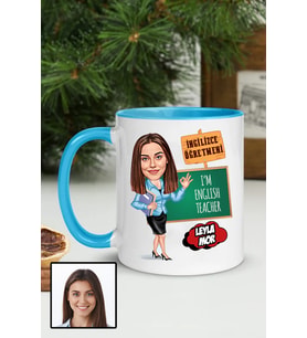 Kadın İngilizce Öğretmenine Hediye Karikatürlü Mavi Kupa Bardak