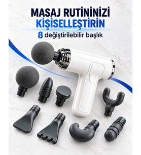 8 Başlıklı Şarjlı Masaj Tabancası Kablosuz Derin Doku Kas Masaj Aleti Taşınabilir Sporcu Masaj Cihazı Beyaz