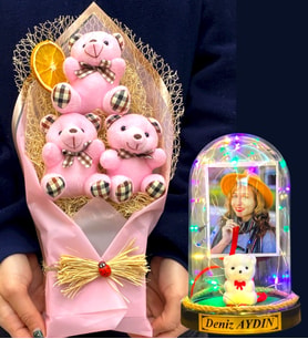 Size Özel Renkli Led Işıklı Fanus ve Büyük Boy Pembe Ayıcık Buketi Hediye Seti (Model 1)