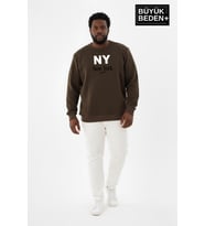 Erkek Büyük Beden NY Newyork Baskılı Bisiklet Yaka ince Sweatshirt SPR26BSW956-15 (Haki)