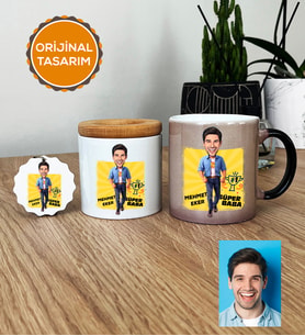 Kişiye Özel Karikatürlü Baba Hediye Seti Kupa Bardak, Kalemlik, Anahtarlık Babaya Babalar Günü Doğum Günü Hediyesi (Siyah)