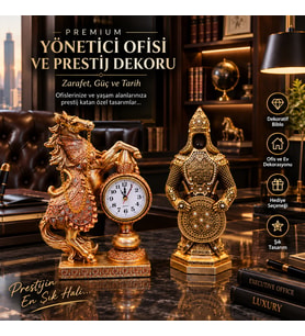 2 Li Premium Set Gold Atlı Saat Ve Şövalye Asker Biblo Ev Ve Ofis Dekorasyonu Hediyelik