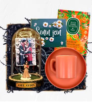 Fotoğraflı İsimli ve Işıklı Fanus & Turuncu Kahve Fincanı Hediye Seti  Kişiye Özel Premium Set (Model 1)
