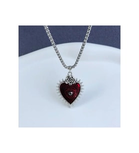 Rose Eye Of Heart Gotik Kalp Paslanmaz Çelik Kolye Kırmızı (Gümüş)