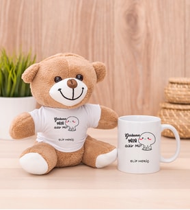 Kişiye Özel Garibanın Yüzü Gülür Mü Esprili Peluş Ayı ve Beyaz Kupa